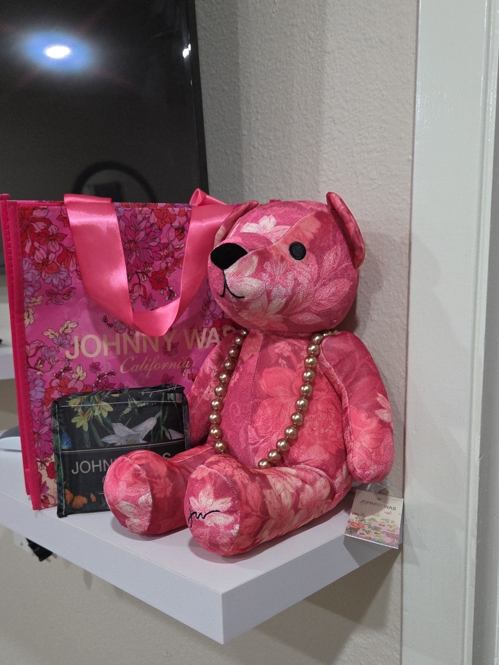 Johnny Was Floral Pink Decorative Teddy Bear With Matching tote and Fold Up Tote
